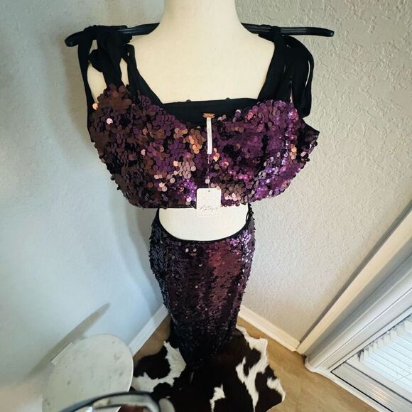 Free People Star Bright Sequin Two-Piece Crop Top & Midi Skirt, Lilac, Sz 4, NWT - Picture 10 of 10